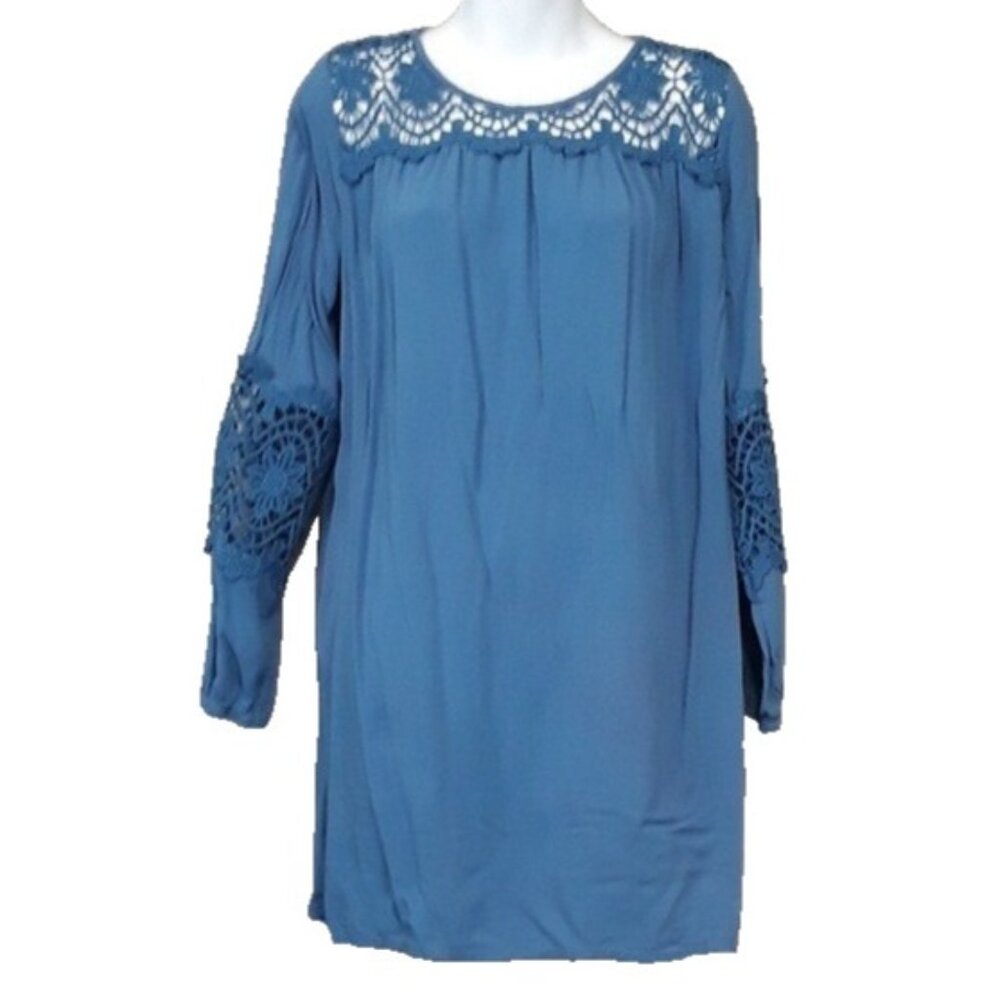 LESHOP Womens BOHO Mini Dress Medium Blue Crochet Long Sleeve Festival
